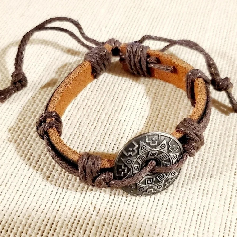 Aztec Sun Leather Cotton Bracelet Adjustable - Picture 6 of 6